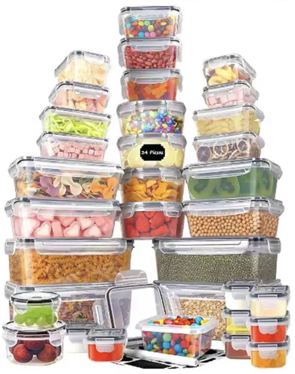 34-delige Keuken Vershoudbakjes Set – Luchtdichte Voedselopslag Containers – Meal Prep Boxen – Koelkast Organisatie Set met Labels en Marker – Grote Opbergset
