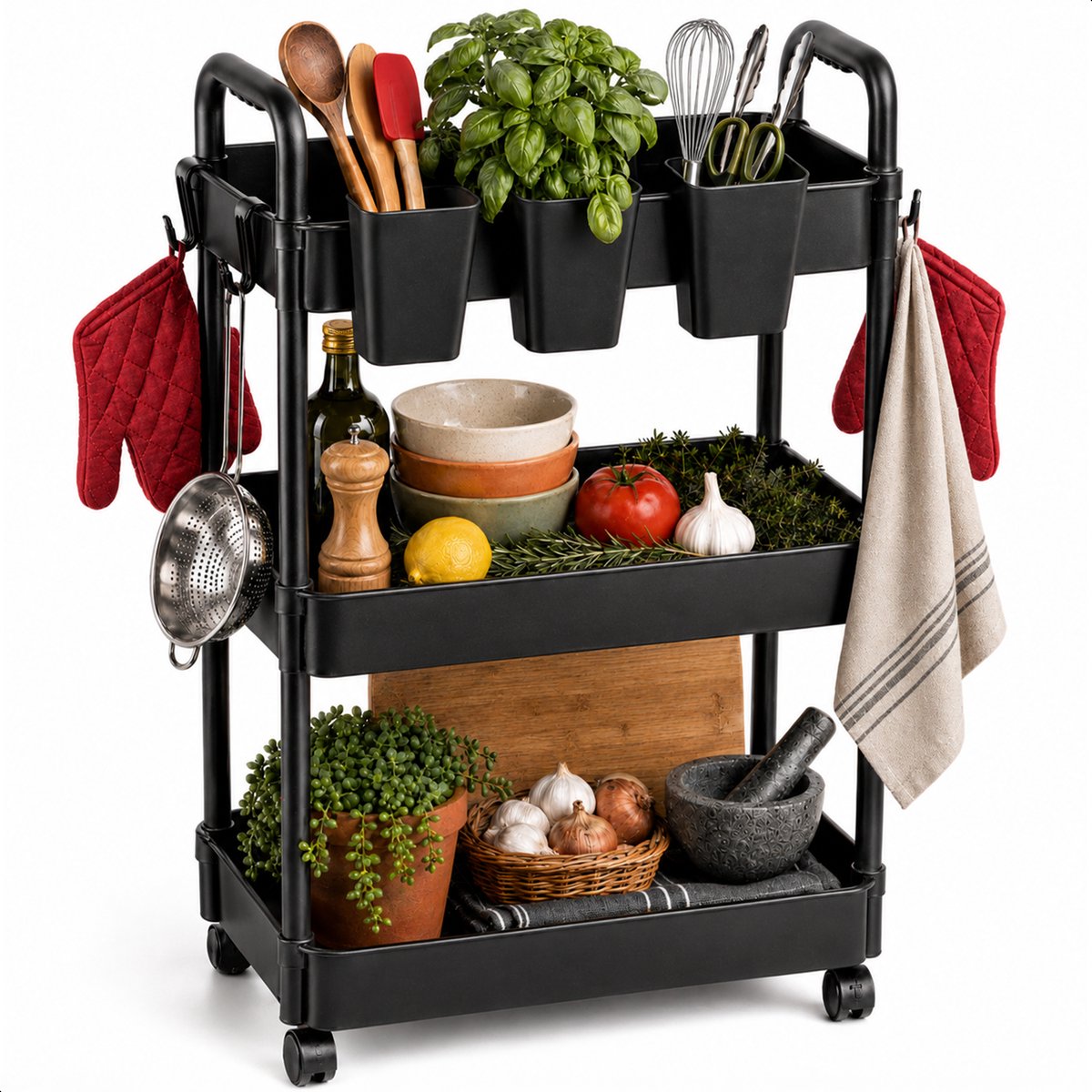 Keuken trolley op Wieltjes - 3 laags - Keukenrek - Serveerwagen - Kastje - Karretje - Opberg - Douche kastjes staand - Rekje - Zwart - Luft