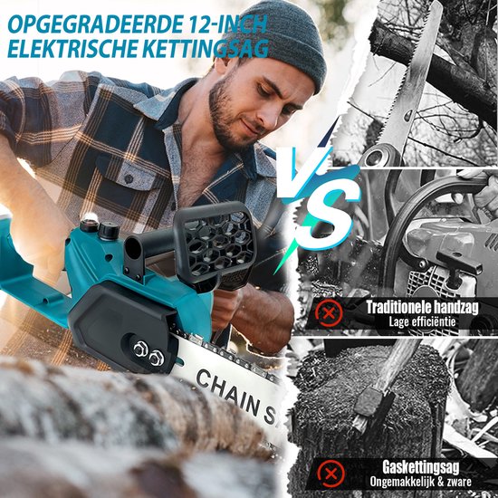 12 inch borstelloze elektrische kettingzaag, draadloos, 18V, werkt op 2 accu's van 5500mAh, 1100W, verbeterde draagbare compacte handkettingzaag voor het zagen van hout, blauw — afbeelding 5