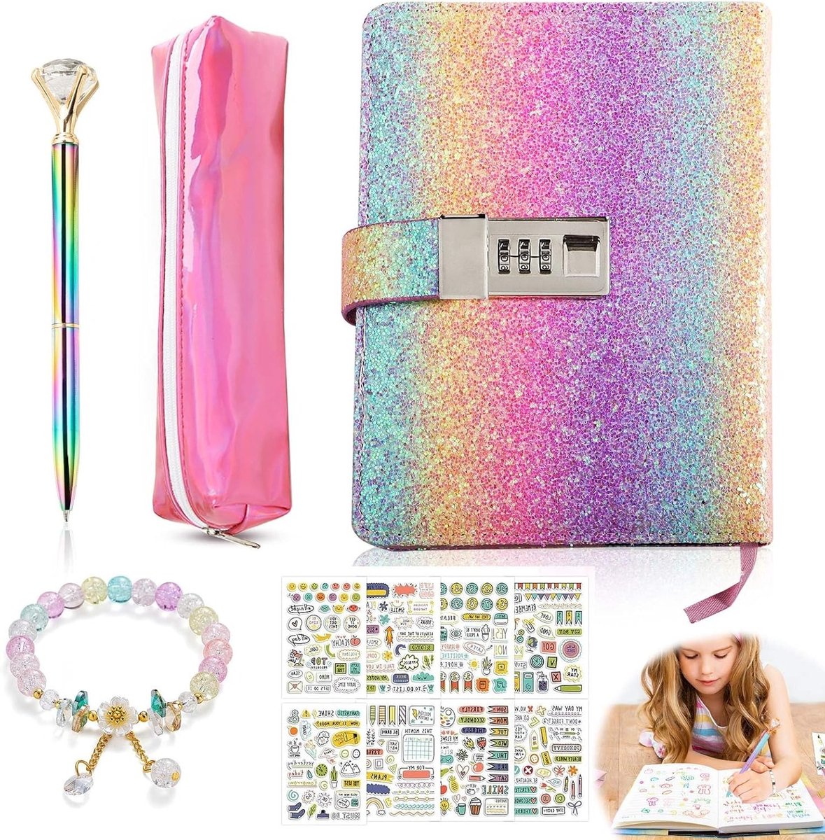 Tagebuch met Slot voor Meisjes van 7 tot 14 Jaar, Perfect voor Schoolbegin, Kerstcadeau, Notitieboek met Stickers en Armband