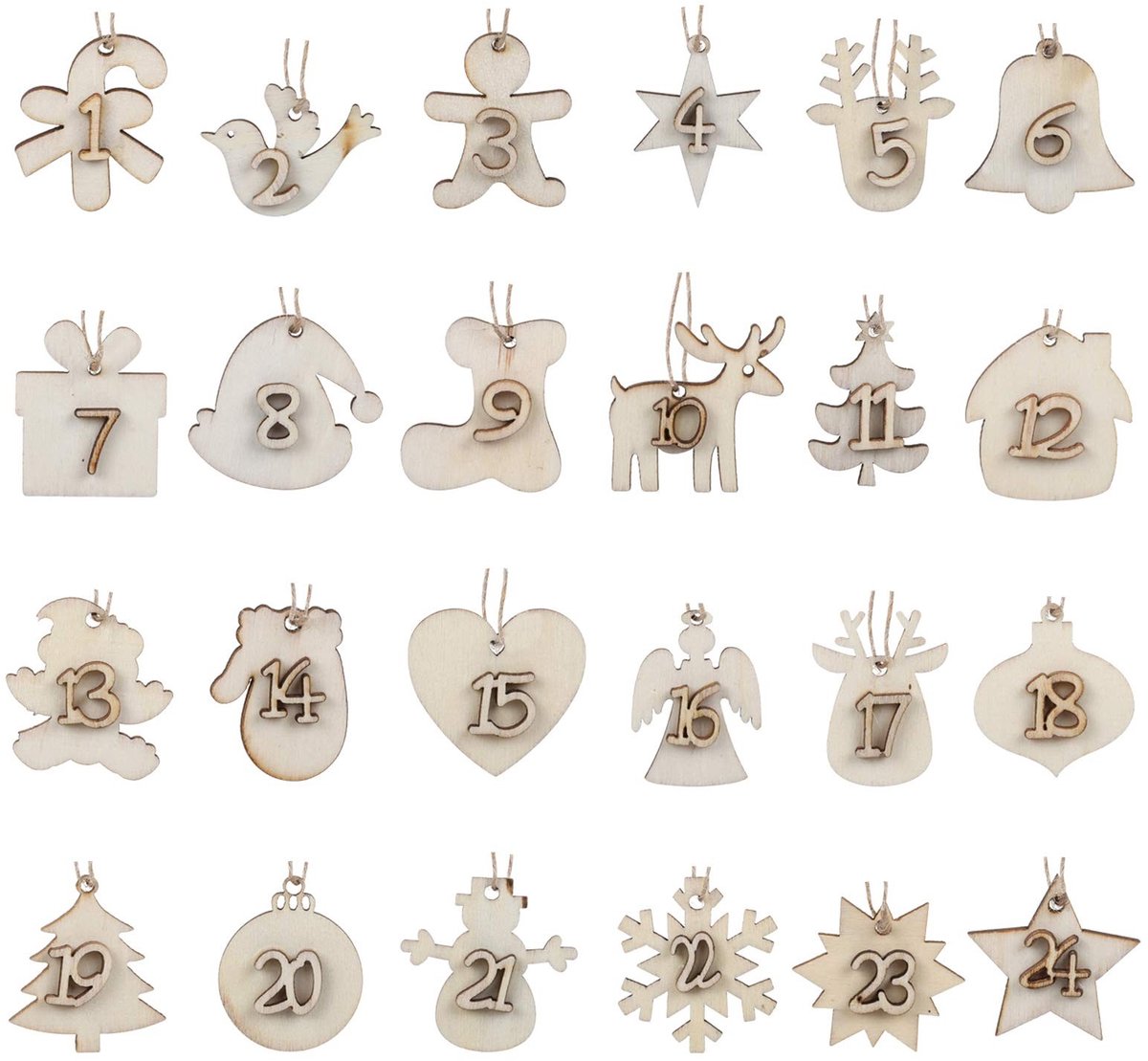 Dailygoods - Cosensi - Dailygoody - 24 Houten Hangers voor Adventskalender - Kerstdecoratie - Knutselen en Versieren - Cijfers 1-24 - Schattige Motieven - Voor Kerstmis