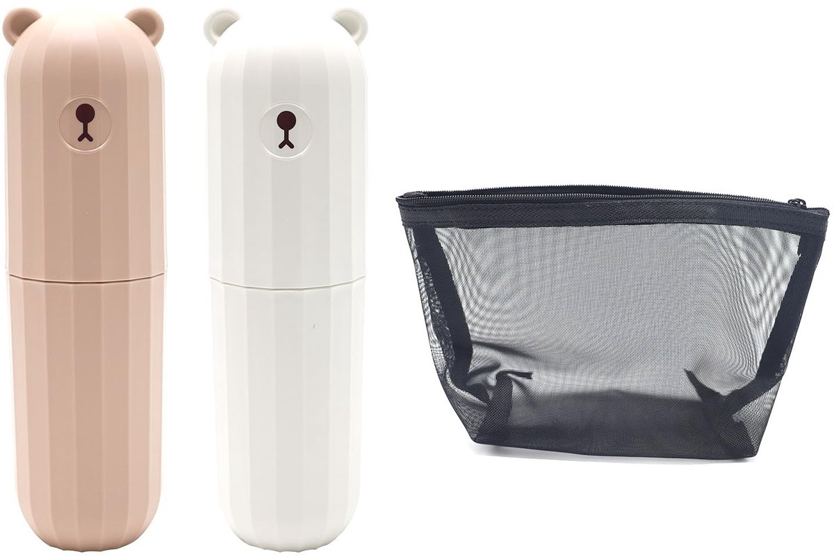Dailygoods - 2 Draagbare Tandenborsteldozen met Mesh Make-uptas in Wit en Roze