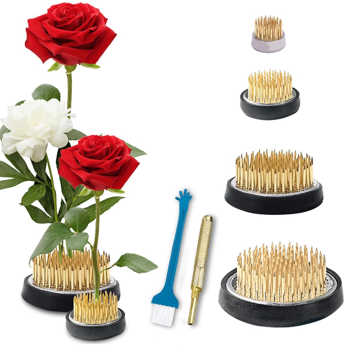 Dailygoods - Set van 4 Bloemenegels voor Bloemschikken, Inclusief Reinigingsborstel