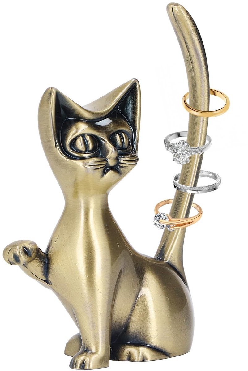 Dailygoods - Dailygoody - Kat Ring Houder - Sieraden Organizer - Schattig Dieren Design - Goud - Oorbellenhouder - Perfect voor Kattenliefhebbers - Compact en stij