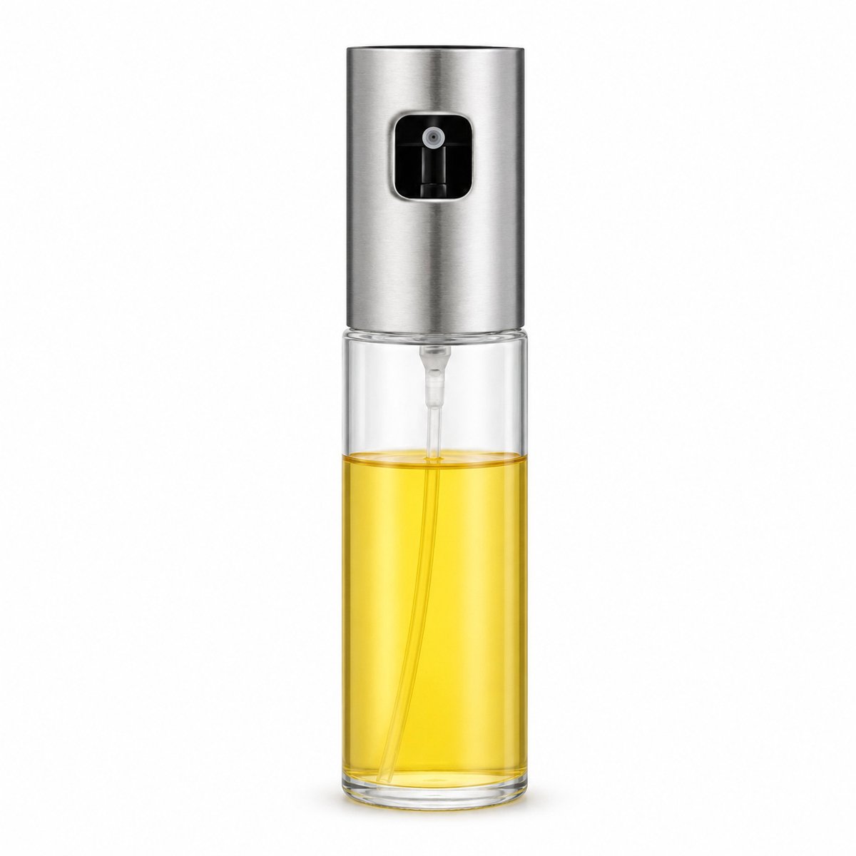 Okado Olijfolie Sprayer 100 ml – RVS Olieverstuiver met Glazen Reservoir – Oliespuit voor Olijfolie, Azijn, Sojasaus, Salades, Pasta, BBQ en Keuken – Zilver