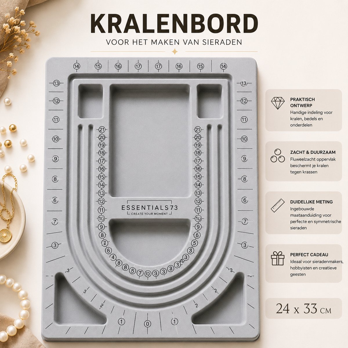 Essentials73 Kralenbord - Rijgbord voor sieraden maken - Grijs - 24x33 CM