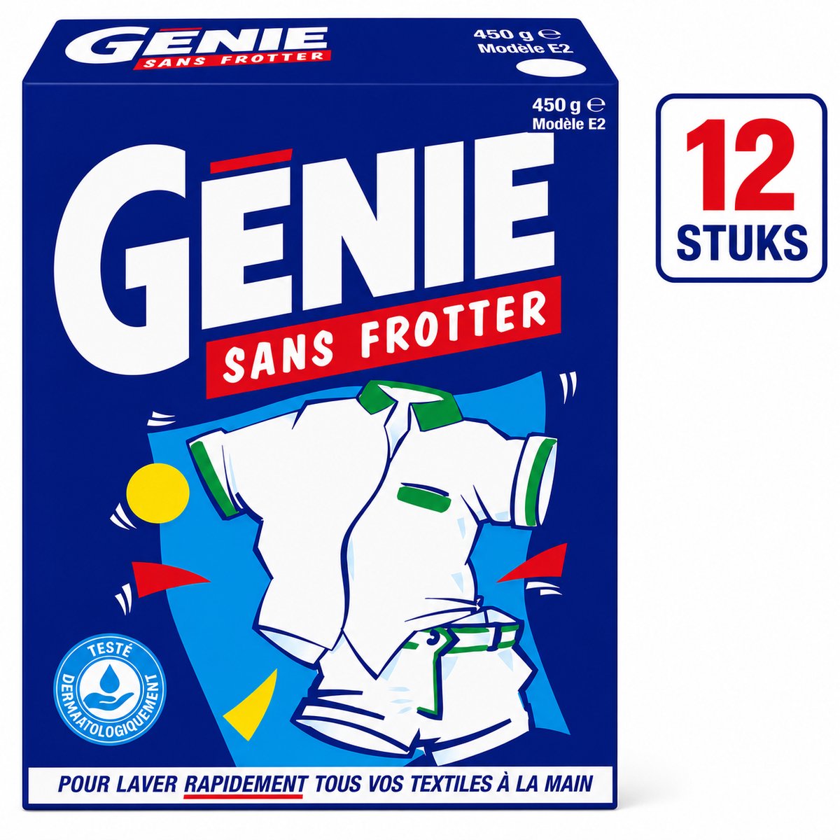GENIE Sans Frotter Waspoeder 450 g - Set van 12 Pakken (5.4 kg Totaal) - Vlekverwijderaar Handwas Poeder voor Witte en Bonte Was - Werkt in Koud Water - Voordeelpak NIET GESCHIKT VOOR WASMACHINE