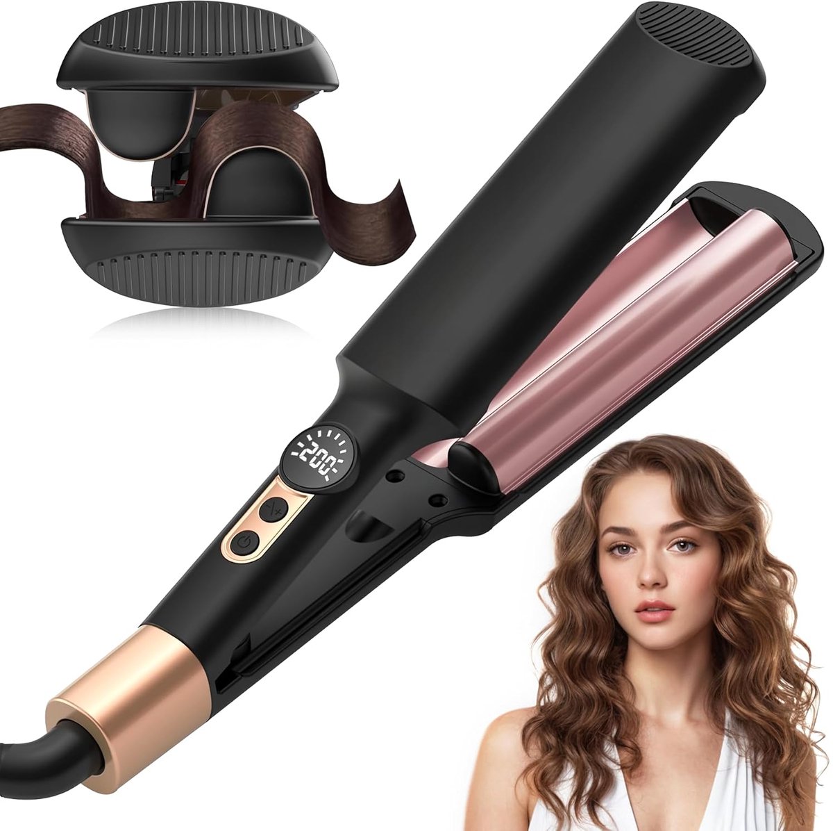 carmdering - Mini Welleneisen Für Haare - 2 Fässer Beach Waves Lockenstab - Kleine Wellen Eisen - 5 Einstellbare Temperaturen - PTC Blitzschnelle Aufheizung - Keramische Platten - Kompakt Design - Reisesicherung & Hitzeschutz - 1 Stuk