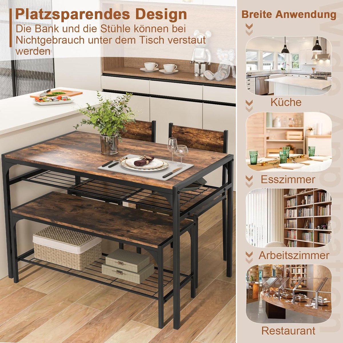 RusticLoft ComfortDining 4-delige Eettafelset met Bank, 2 Stoelen en Opbergrek 110 x 65 x 76 cm – Industriële Keuken- en Eetkamerset met Metalen Frame – Koffie