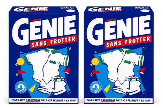 Gele verpakking van Genie Sans Frotter, met een tekening van een witte polo en korte broek.