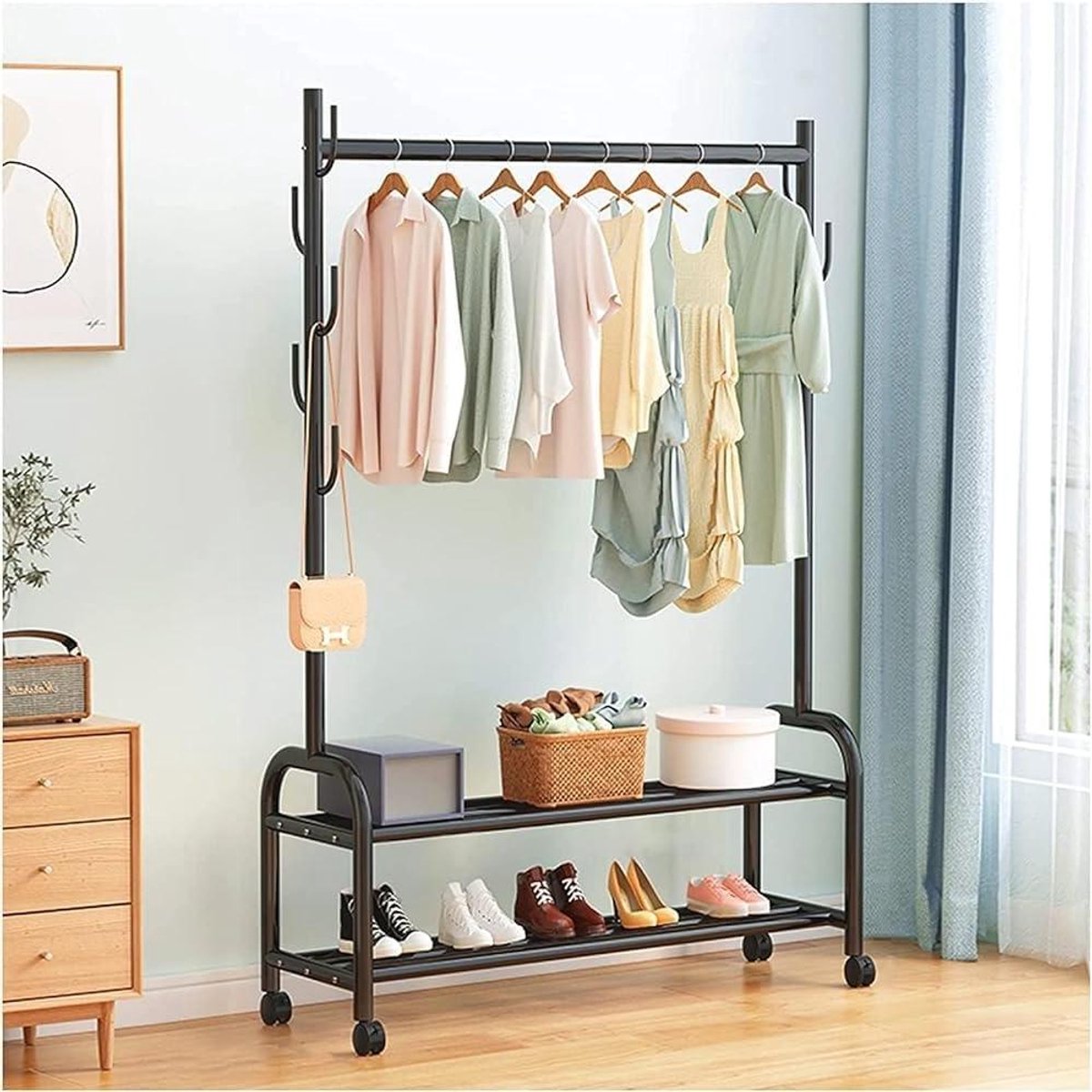 Kledingrek Met Haken - Kapstok Standaard - Kleding Opbergen - Met Wielen - 120 cm - Zwart