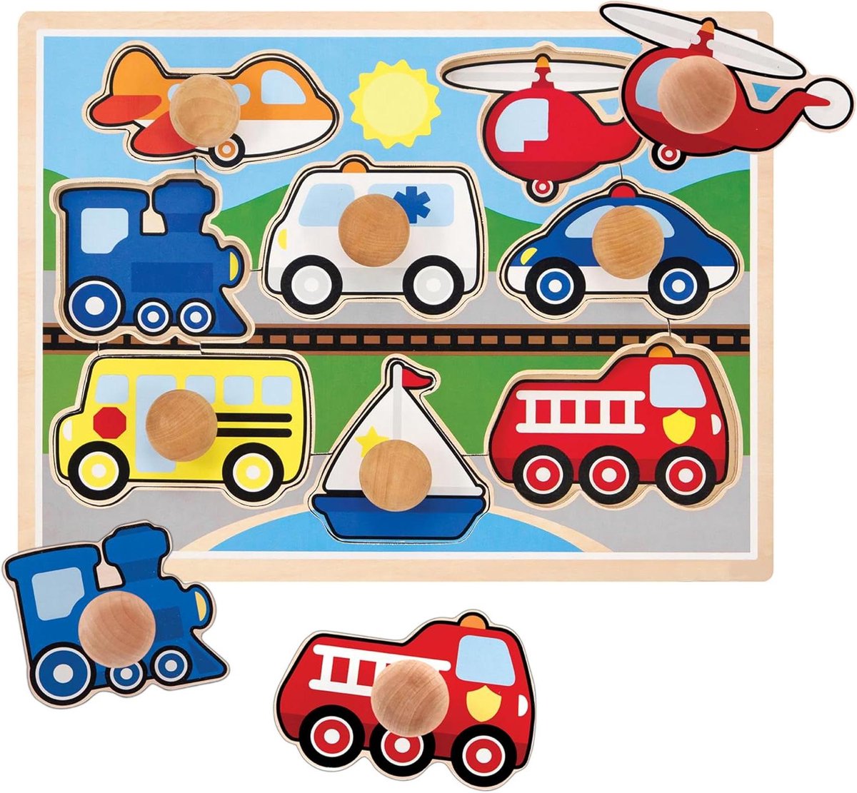 Houten Puzzel - Kinderpuzzel Voertuigen - Ontwikkeling Kind - Grote Knoppen - 8 Stukken - Multicolor