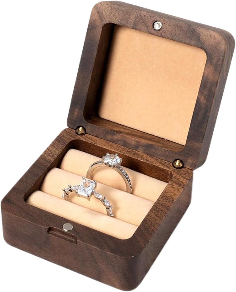 Houten Ringendoos - Juwelen Opbergdoos - Bijzondere Momenten - Ruimte voor Twee - 6x6x6 cm - Houtkleur