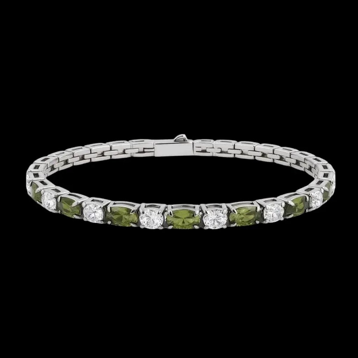 Victoria Valenza Zilverkleurige RVS Tennisarmband met Olijfgroene en Witte Zirkonia Stenen - Armband - RVS - Zilverkleurig - Tennisarmband - Zirkonia
