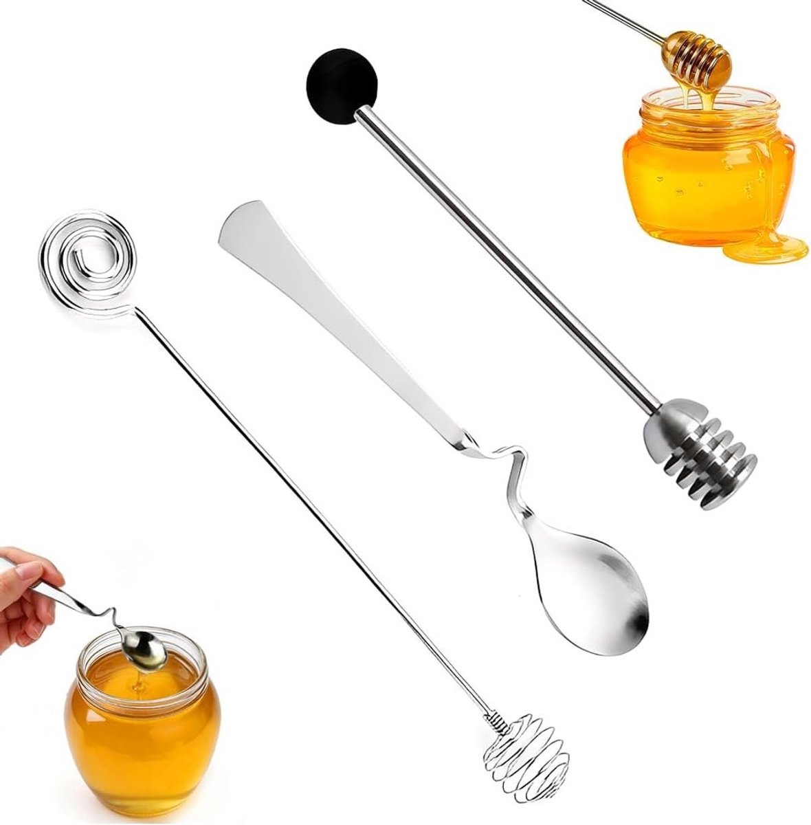 Set van 3 roestvrijstalen honinglepels met haak voor honing, jam en thee in de keuken