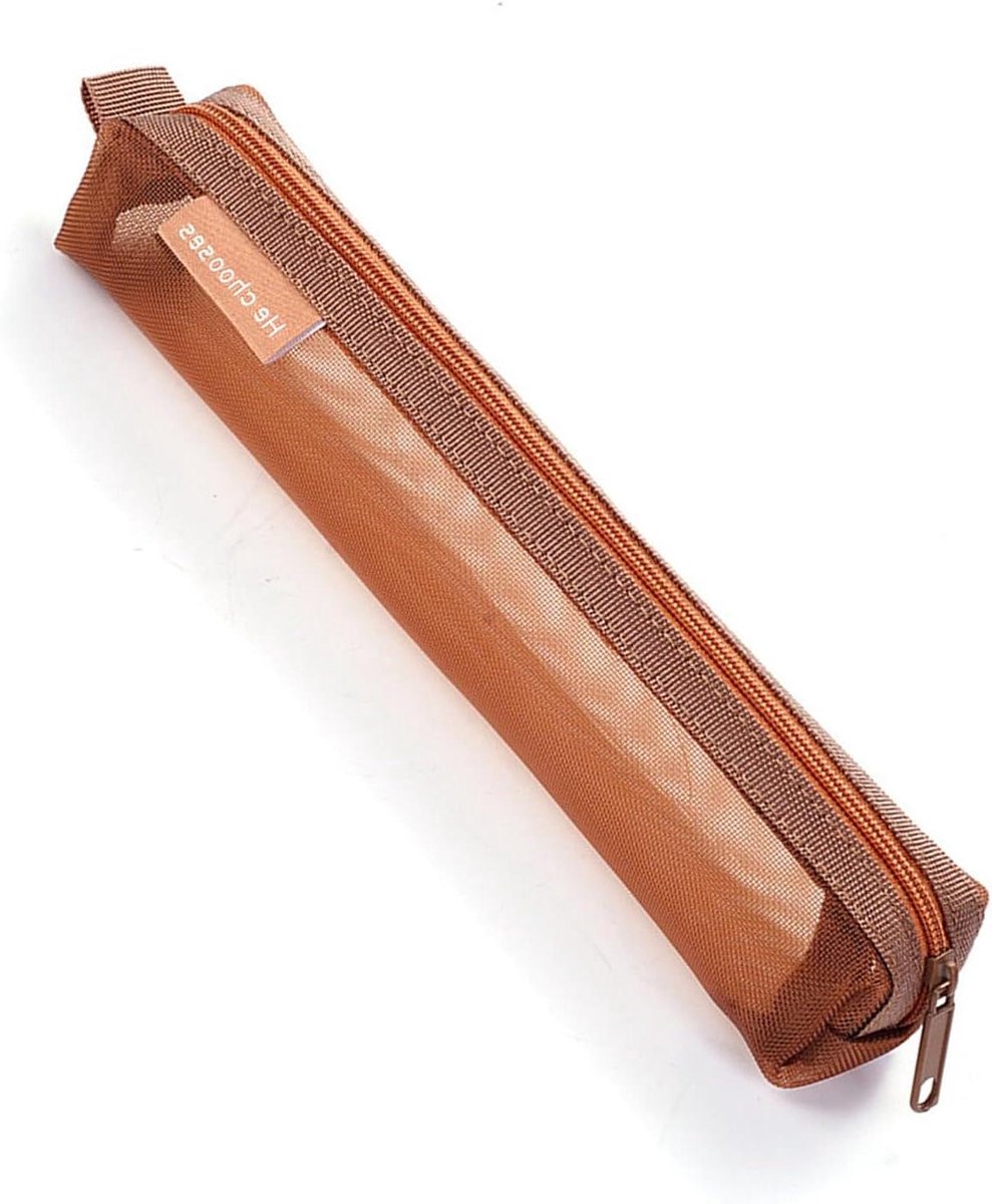 Doorzichtig Etui - Pen Houder - Spullen Organiseren - Lichtgewicht Nylon - 20.5 cm - Bruin