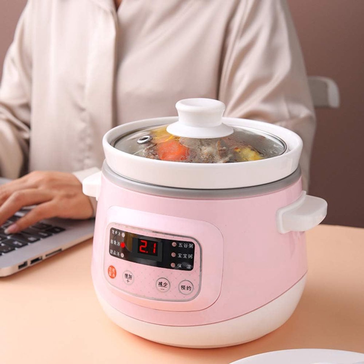 Elektrische Kookpan - Multicooker Stoofpan - Langzaam Koken - 95 Uur Timer - 12 Liter - Roze – foto 2
