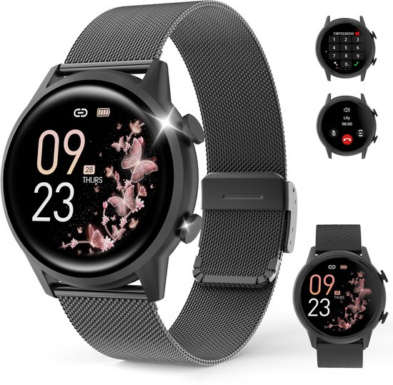 Smartwatch – Nieuw dameshorloge – 1,39-inch scherm – Sporthorloge voor dames – Bellen en gebeld worden – Slaapregistratie en stappenteller – Compatibel met Android 5.0 of hoger / iOS 9.0 of hoger – Zwart – Inclusief 2 horlogebandjes