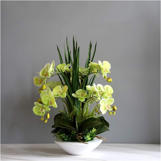 Kunstorchideeën Arrangement - Zijden Bloemen - Huis Decoratie - Zeven Takken - 50cm Hoog - Wit Groen