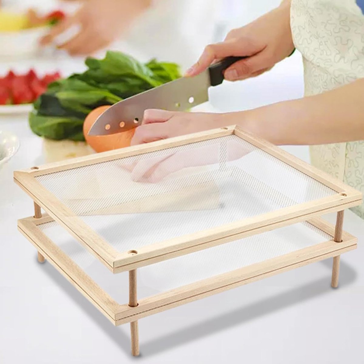 Pasta Droogrek Houten Voedseldroger Vers Ingrediënten Drogen Stapelbaar Ontwerp 49 cm Diameter Houtkleur