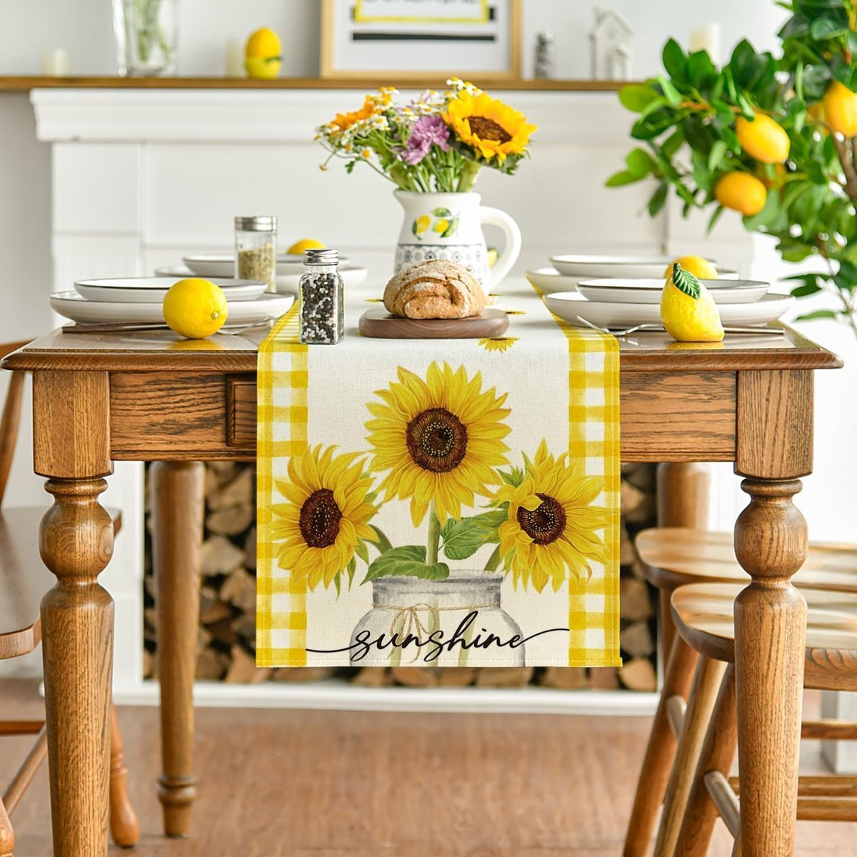 Tafelloper - Keukentextiel - Decoratie Tafel - Geruit Zonnebloem Design - 200x33cm - Geel