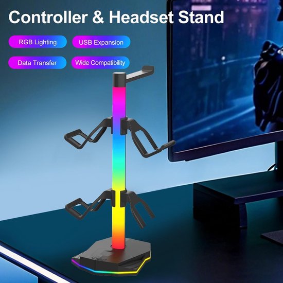 Hoofdtelefoonstandaard - Controllerhouder - Bureau Organizer - Met RGB Verlichting - 31 cm - Zwart — afbeelding 5