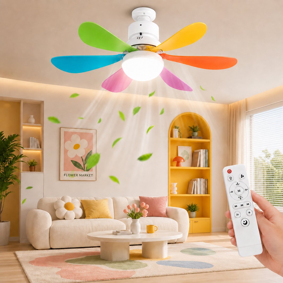 MUPOO E27 Plafondventilator met Lamp Ø52 cm - Ventilatorlamp met Afstandsbediening - 3 Kleurtemperaturen - 3 Snelheden - Timer en Geheugenfunctie - Stil DC Motor -Voor Slaapkamer Kinderkamer- kleurrijk