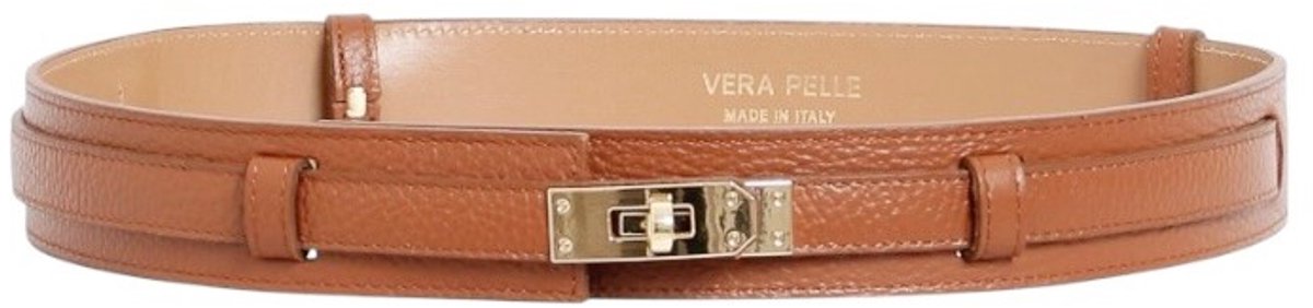 Cognac Leren Riem Gouden Draaislot - Verstelbare Brede Dames Riemen - Verstelbare van 72 cm tot 109 cm - Made In Italy - Trendy Chique Riemen - Cognac