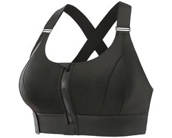 Zwart L-Voorsluitende sportbeha met rits - sterke schokabsorptie - geschikt voor hardlopen yoga en rugcorrectie - comfortabel sportondergoed