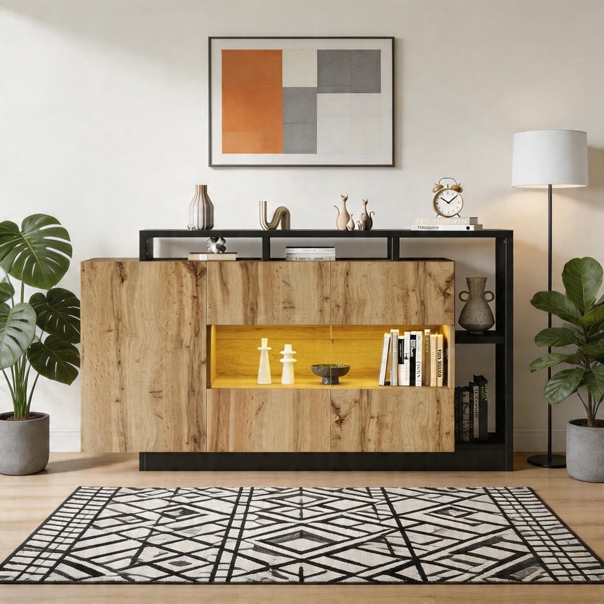 KOMHTOM Moderne LED-dressoir eetkamerkast - originele houtkleur MDF - Bluetooth-bediening - voor de woonkamer