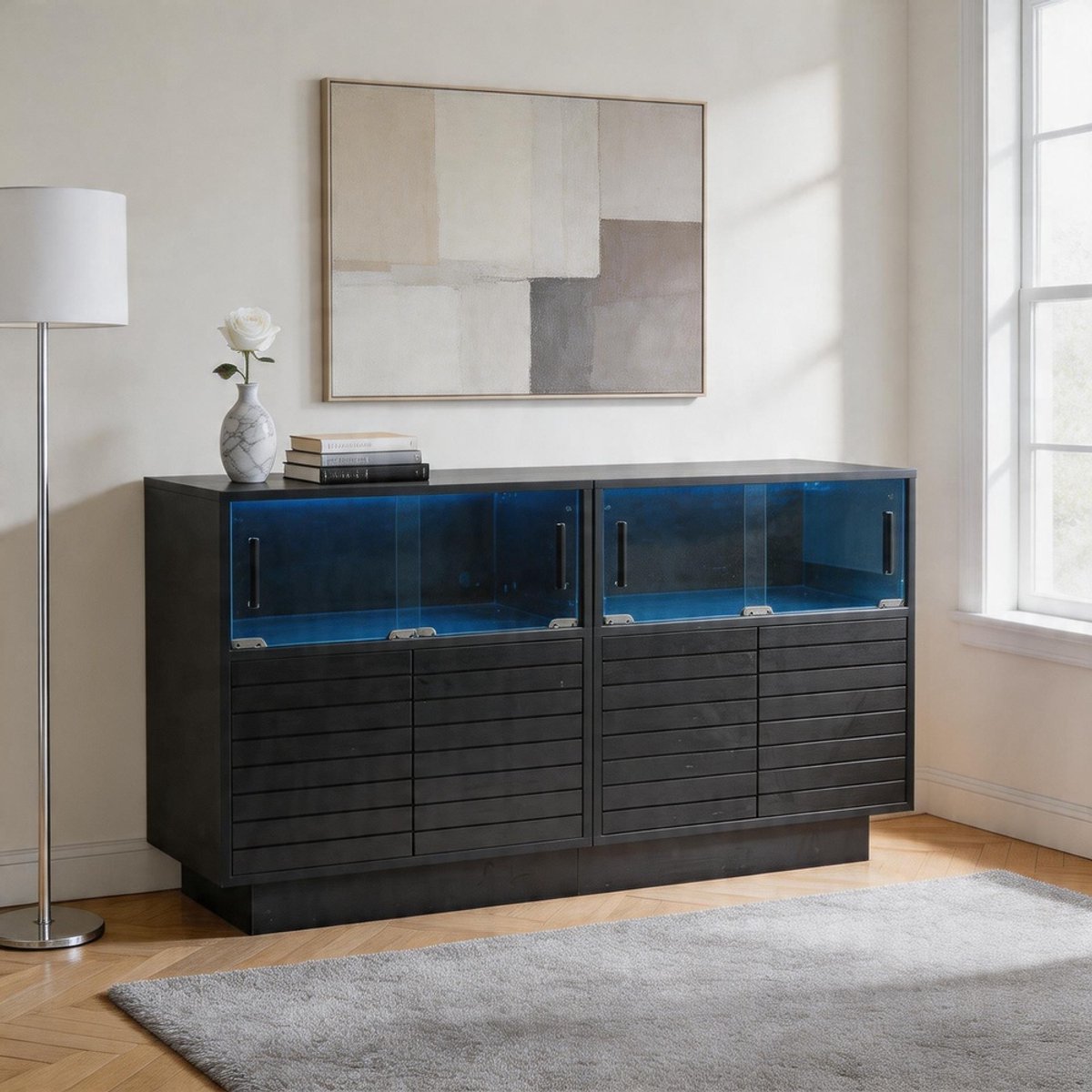 KOMHTOM - Dressoir met 2 vitrinekasten en glazen deuren - breedte 130 cm met 4 vakken - bijzetkast met ledverlichting - modern highboard voor de woonkamer - 130x35x68 cm