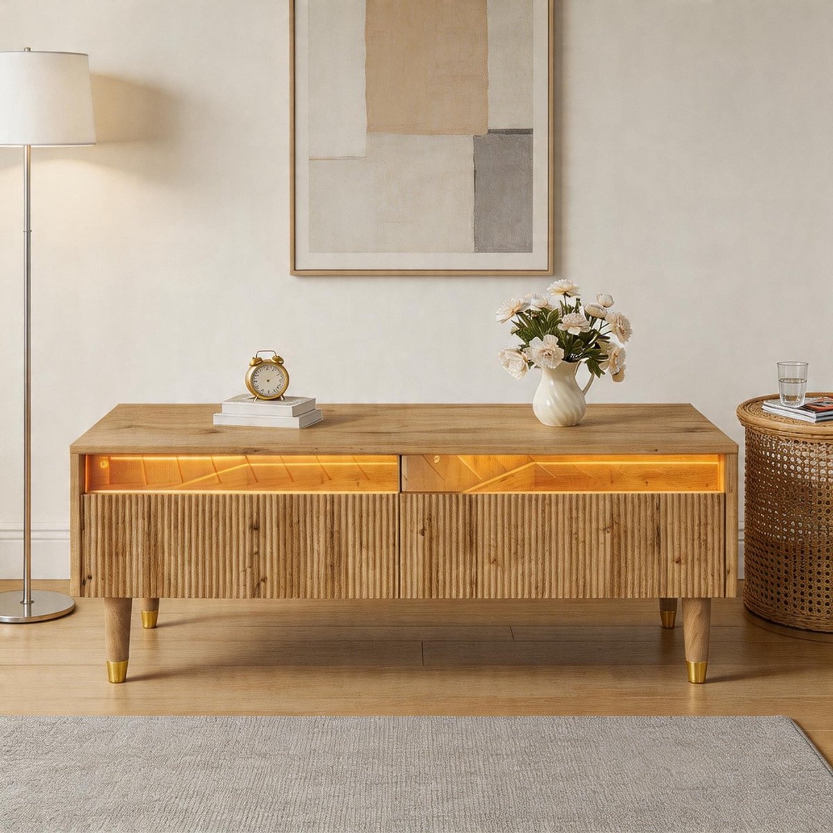 KOMHTOM Moderne LED-salontafel met golvend blad - twee lades en LED-lichtstrip die van kleur verandert - goudkleurige houten poten