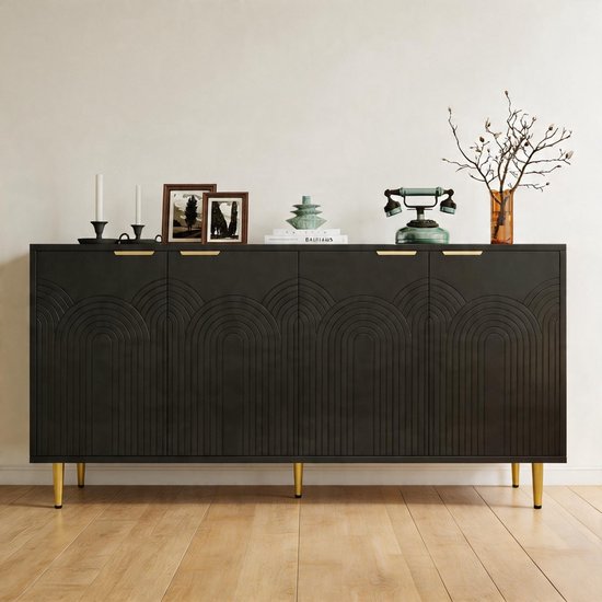 KOMHTOM - Sideboard woonkamer ladekast met 4 deuren - gouden geborstelde handgrepen en hoogglans tafelpoten - zwart - 160×80×40 cm (B×H×D)