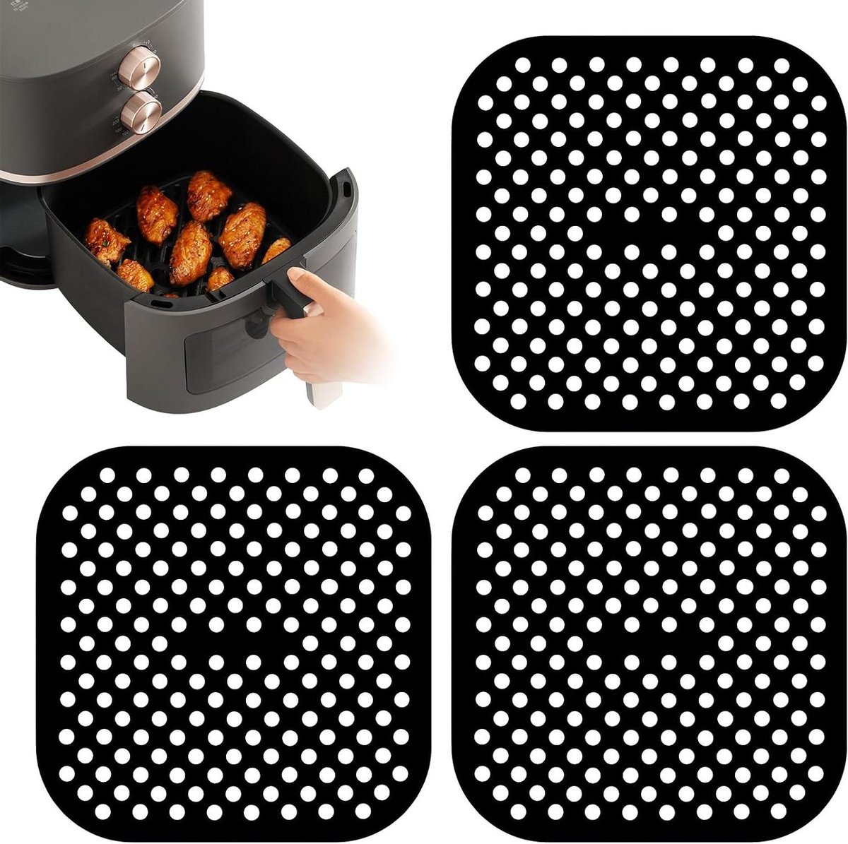 Silicone Mat - Airfryer Bakpapier - Lucht Frituren - Herbruikbaar & Wasbaar - 3 Stuks - Zwart