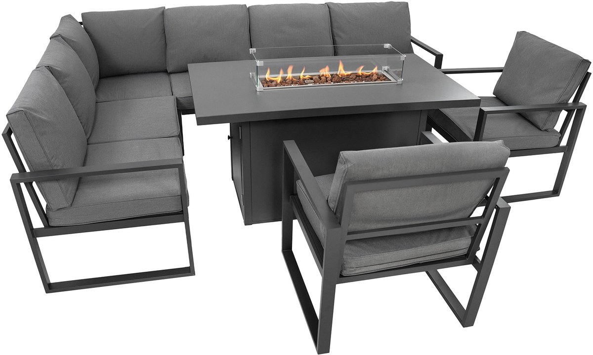 Aluminium 7-zits loungeset - grijze tuinset - hoekbank, stoelen, vuurtafel
