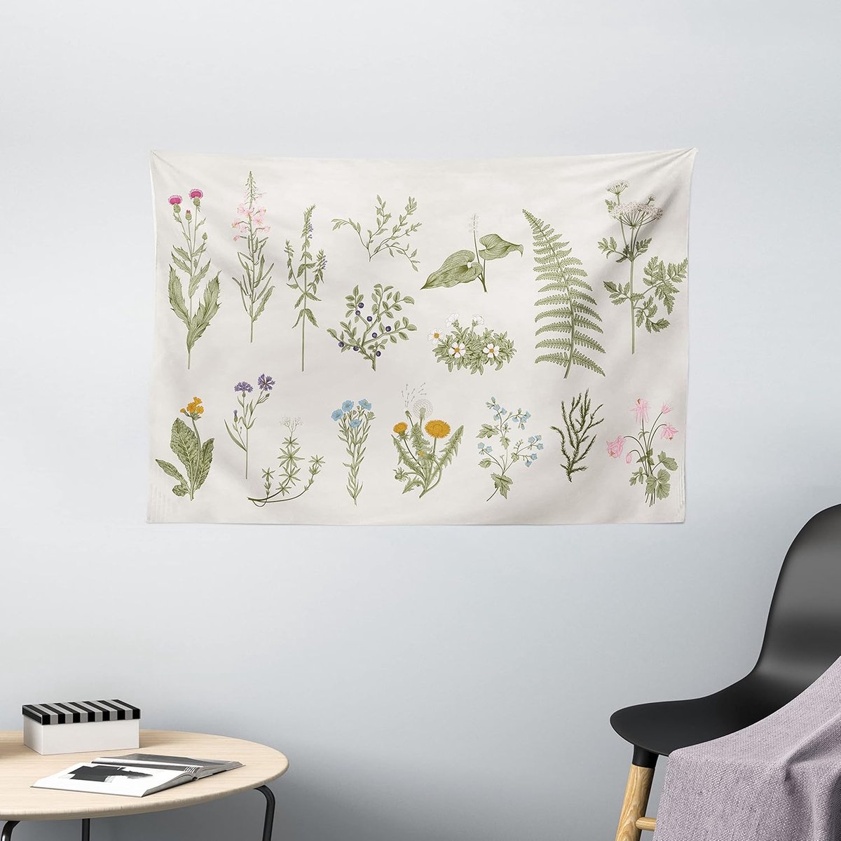 ABAKUHAUS Kleurrijk Wandtapijt, Vintage Kruiden en Bloemen, Woonkamer Slaapkamer Wanddoek Zijdezacht Satijn Wandtapijt, 150 x 100 cm, Bleke Eierschaal Multicolor Bleke Eierschaal Meerkleurig