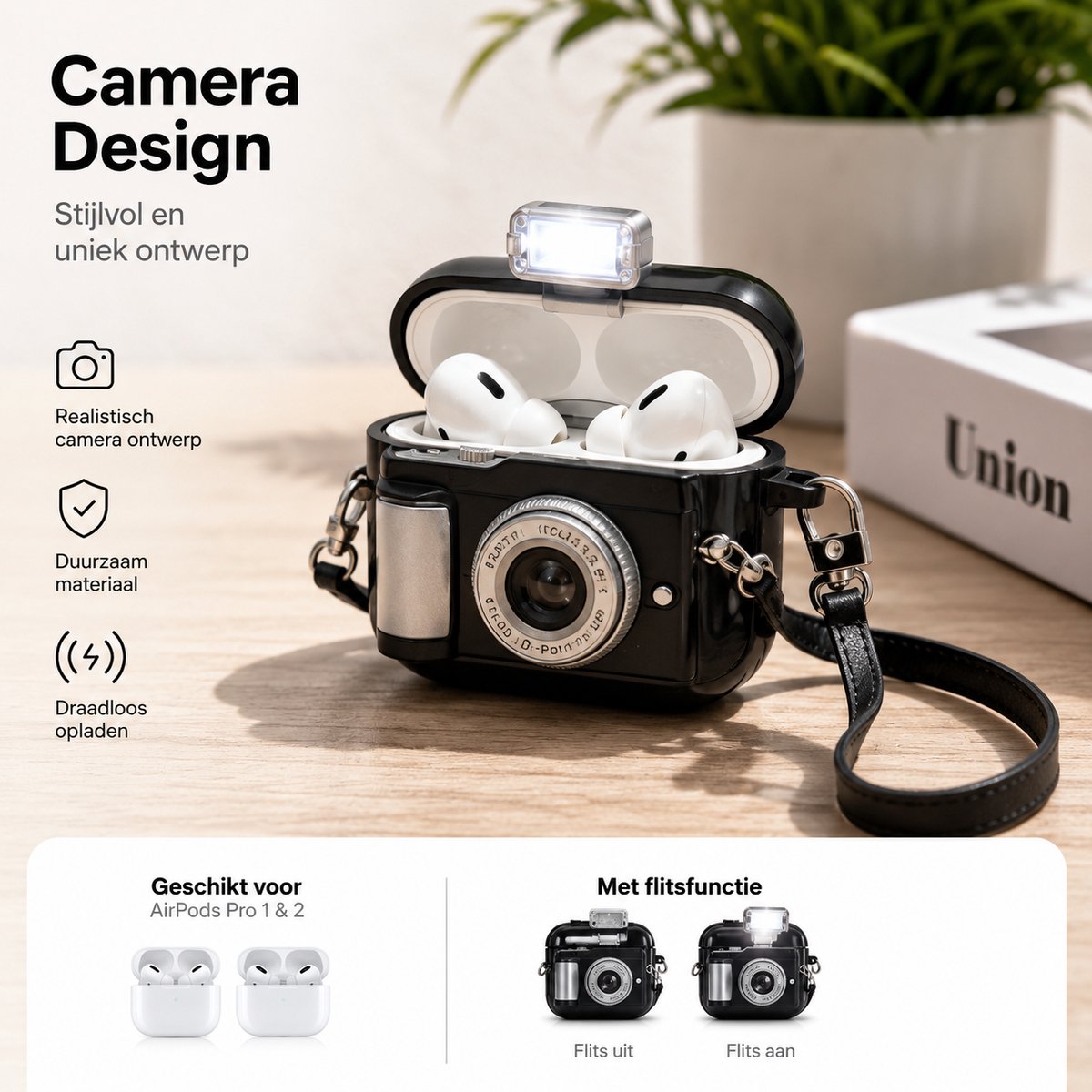 Schattige Kleine '' Polaroid Camera Style Zwart '' AirPods Pro 2 Case – Beschermhoes met Retro Design, Anti-val Bescherming en Draadloos Opladen