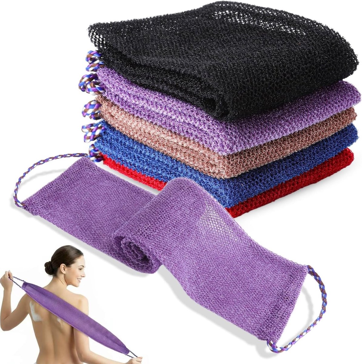 5-delige set lange douchespons van nylon, herbruikbare peeling en lichaamsreiniger, ideaal voor mannen en vrouwen, perfect voor een grondige huidverzorging