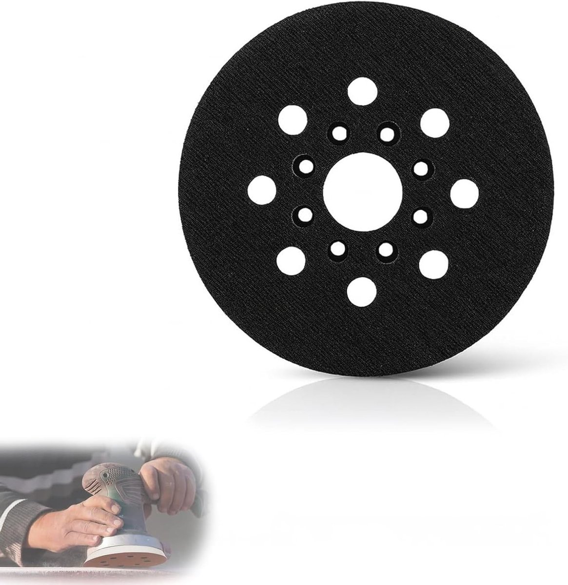 125 mm schuurdisc met 17 gaten en zwarte rubberen buffer, geschikt voor orbitale schuurmachines, robuuste schuurpad voor houtbewerking en metaalbewerking