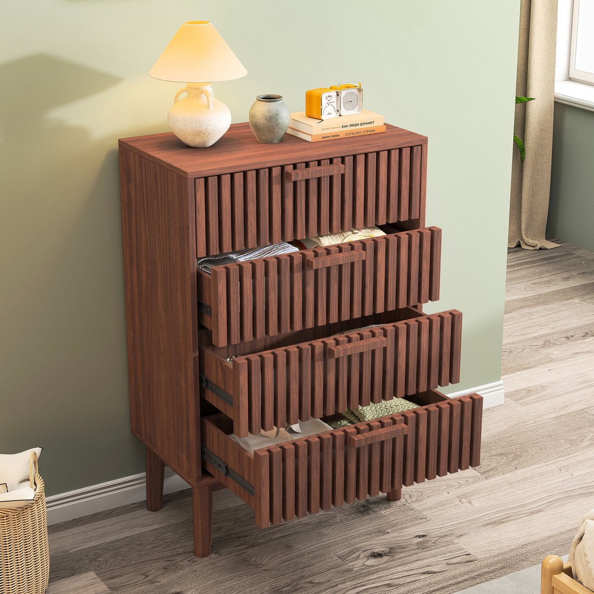 Commode met 4 Laden, Opbergmeubel, Eetkamermeubel, Houten Commode met Handgrepen, Ideaal Voor Hal, Slaapkamer en Woonkamer (Walnoothoutkleur)