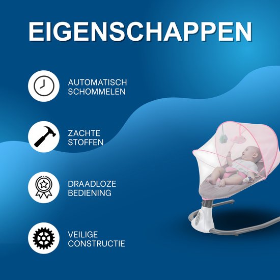 Elektrische Baby Schommelstoel – Opvouwbaar – Met Afstandsbediening en Mosquito Net – Baby Cradle Bed – Voor 0–18 Maanden – Roze — afbeelding 2