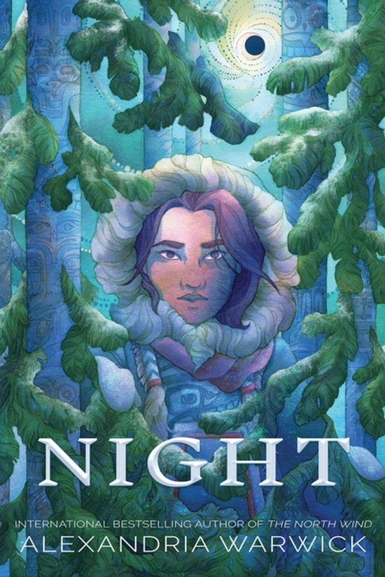Boekomslag met een vrouw in een winterse outfit met een bontkraag, omringd door besneeuwde takken en blauwe bossen. De titel 'NIGHT' staat prominent onderaan.