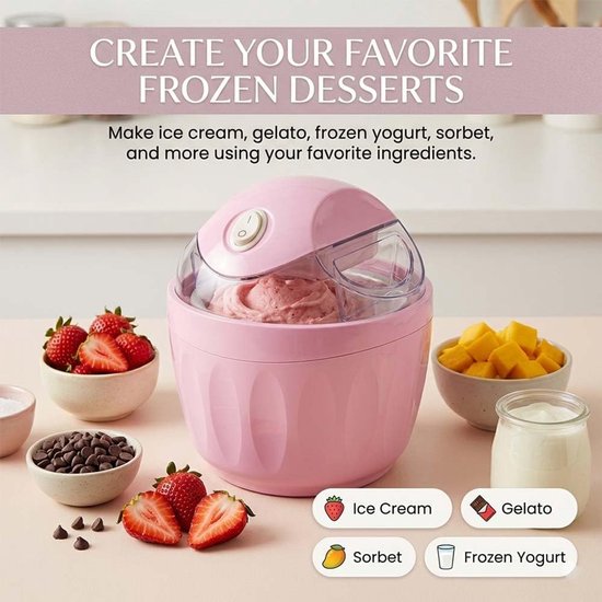 IJsmachine - Mini-ijsmachine - Elektrisch - Bediening met één knop - Zelfgemaakt ijs - Kan ook gebruikt worden voor het maken van bevroren yoghurt en gelato - Geschikt voor thuiskeukens - Compact en draagbaar - Roze — afbeelding 3