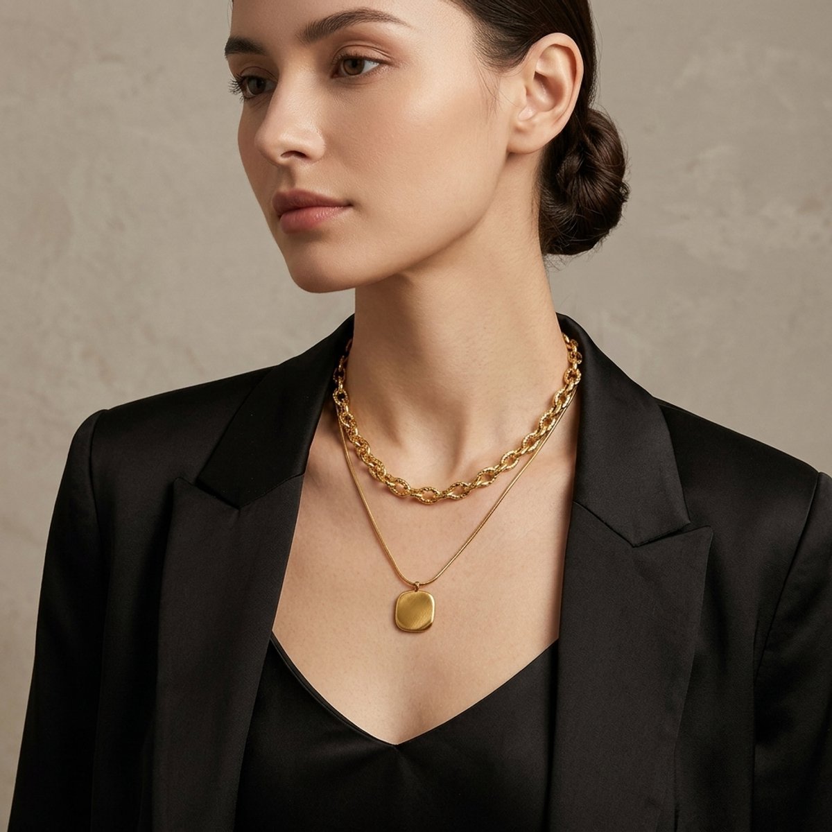 chetoria 18K Goudvergulde 2-delige Choker Set- Inclusief hanger & schakelketting-Lengte 38 cm - Elegante laaglook