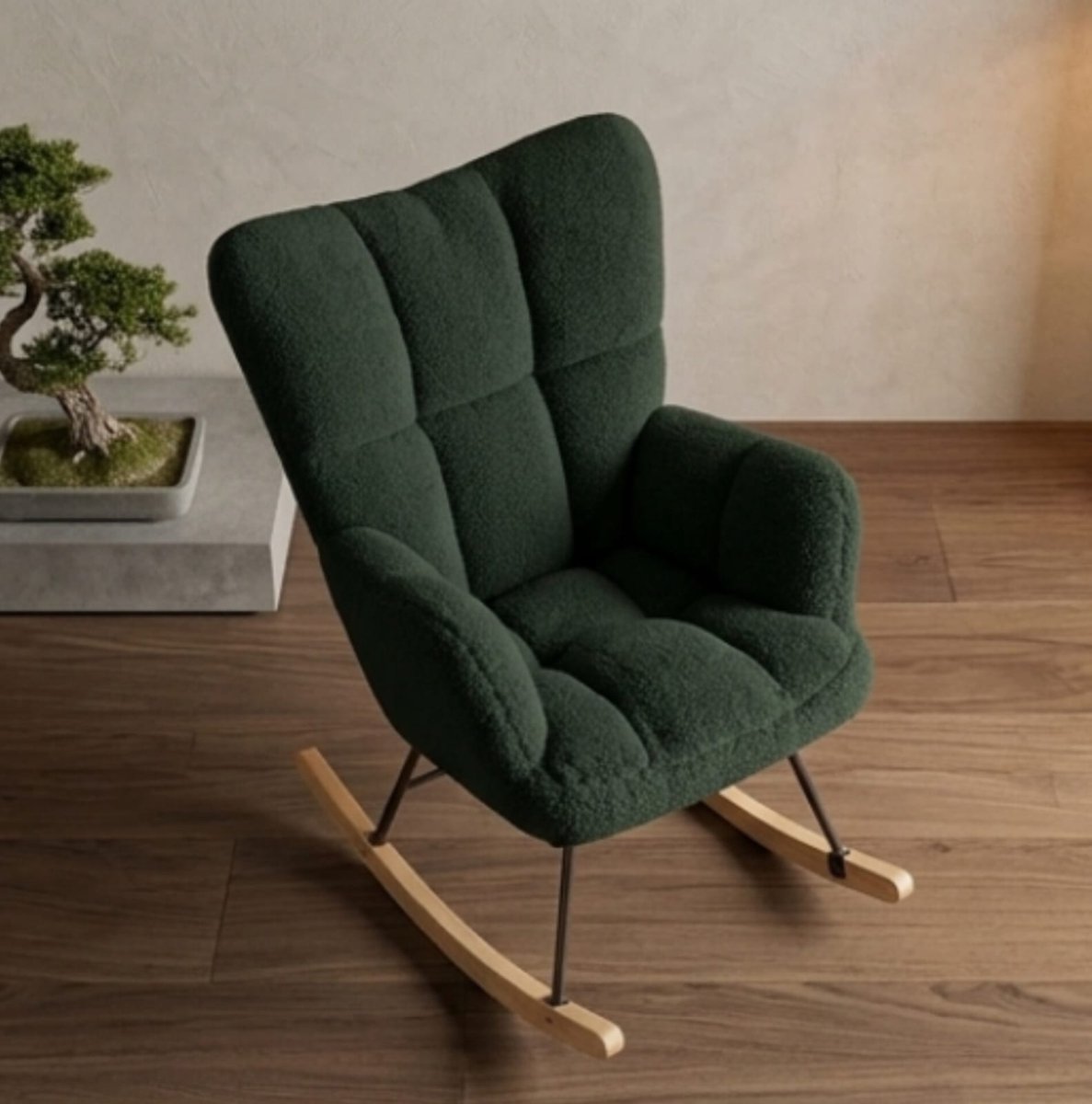 Schommelstoel 90x71x97 cm – luxe teddy bouclé relaxstoel met voetenbank – moderne loungestoel voor woonkamer en slaapkamer – groen – Urbanhome