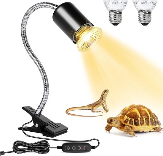 Reptielenlamp met klem en gloeilamp, gericht op een hagedis en een schildpad.