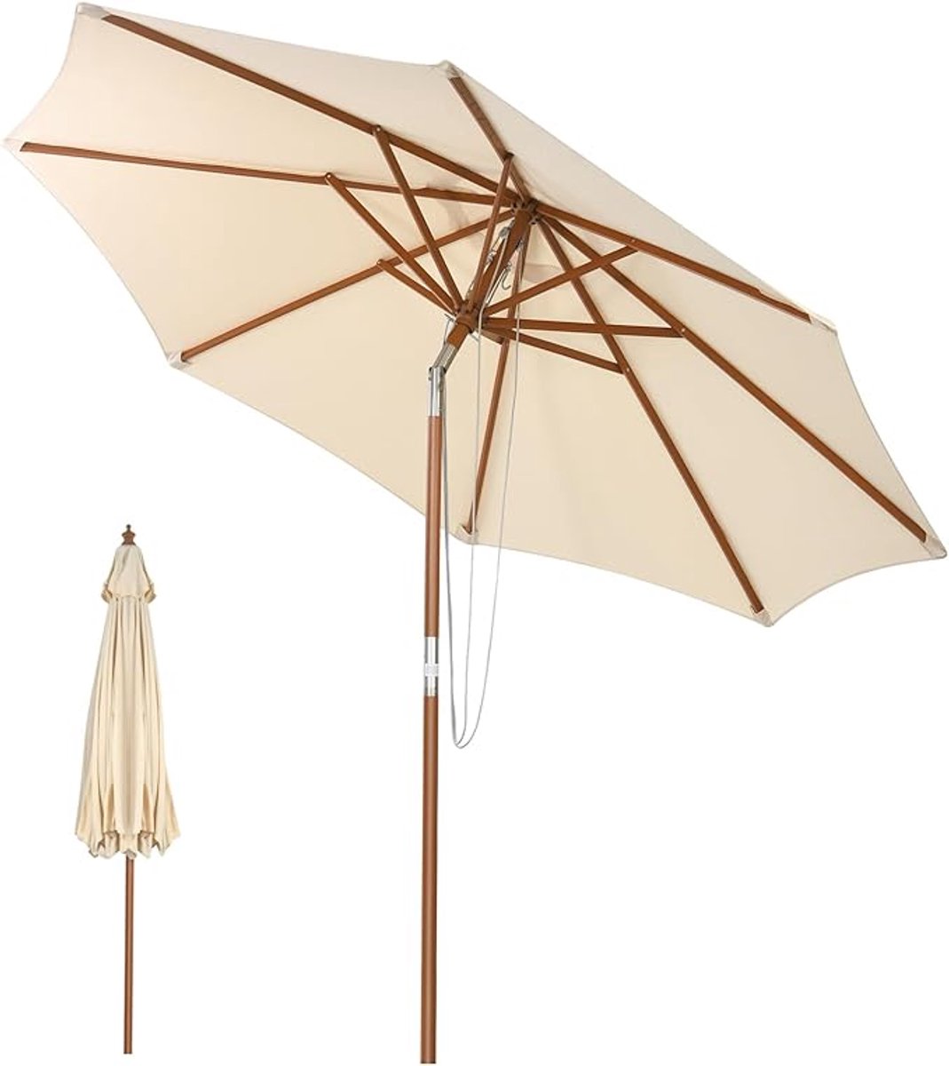 Tuin Parasol Ø270 cm Rond Kantelbaar met Katrol – Houten Frame, Geventileerd, Waterafstotend Polyester, UV-Bescherming – Beige | Nicolehome