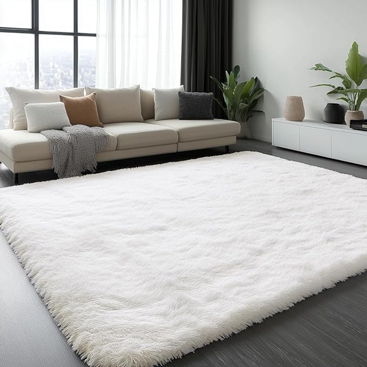 Olanly Woonkamerkleed - Kunstbont Vloerkleed- Hoogpolig- Pluizig En Zacht Klein Tapijt- 153x214cm -Rechthoekig - Wit