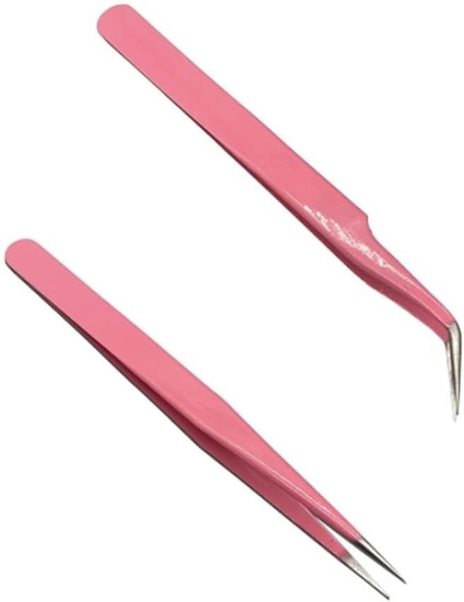 Professionele Wimperpincet Set van 2 Stuks, RVS Met Rechte en Gebogen Tips voor Wimperextensions en Precisiewerk