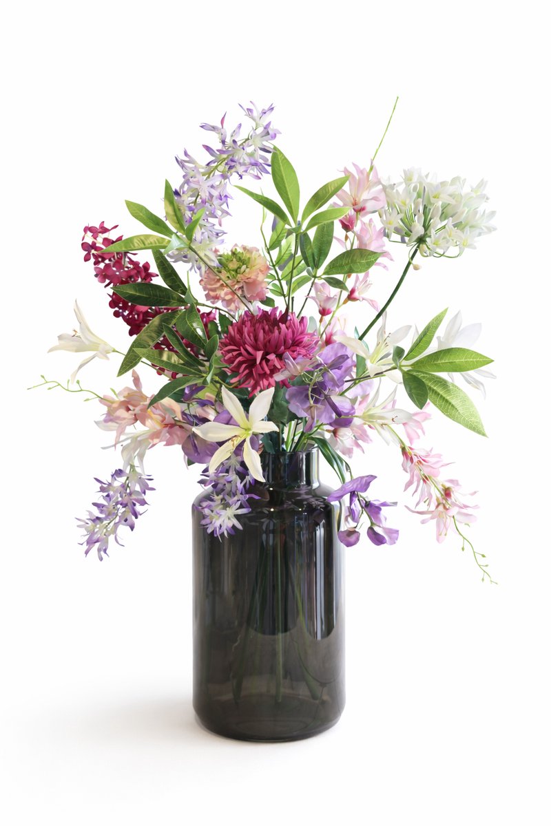 Bloemenjunkie - Inclusief Vaas - Kunstbloemen -Zijden Bloemen Boeket - Nepbloemen - Veldboeket - 75 cm hoog - 9 Stelen - Sering - Bloemen